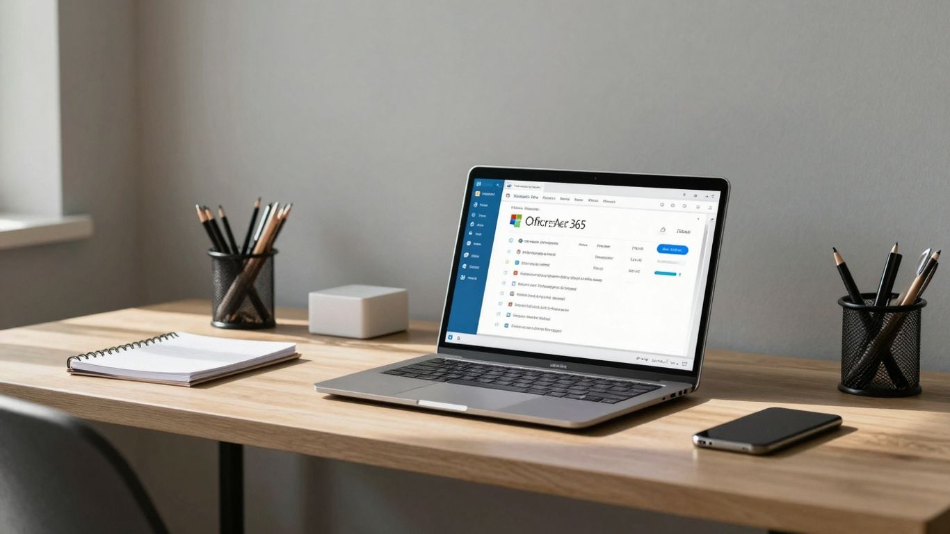 Escritorio moderno con laptop mostrando Office 365.