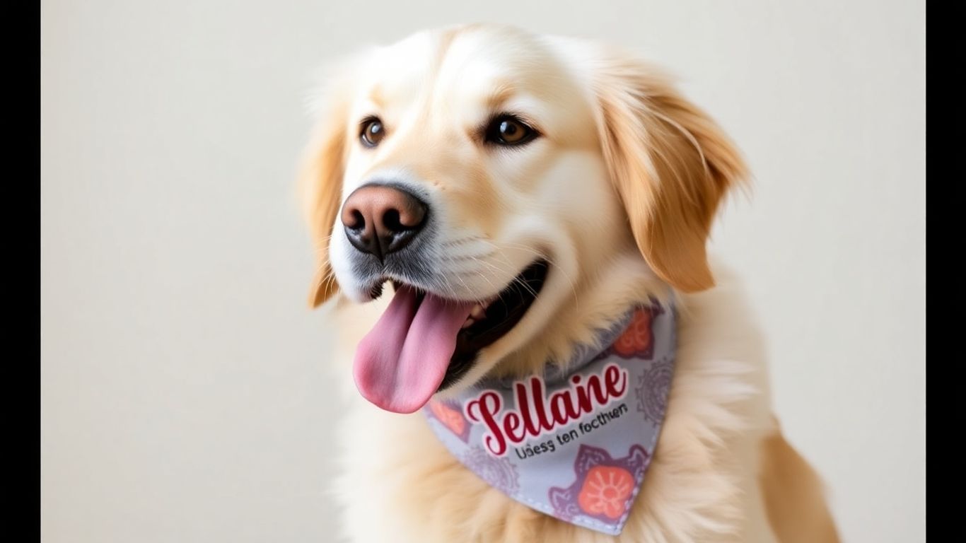 Golden retriever wearing a personalized bandana