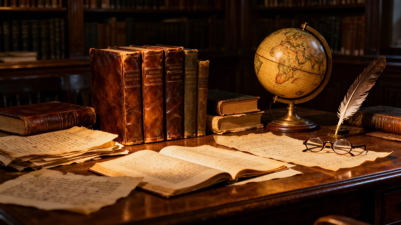 Classic philosophical books and manuscripts on a wooden desk