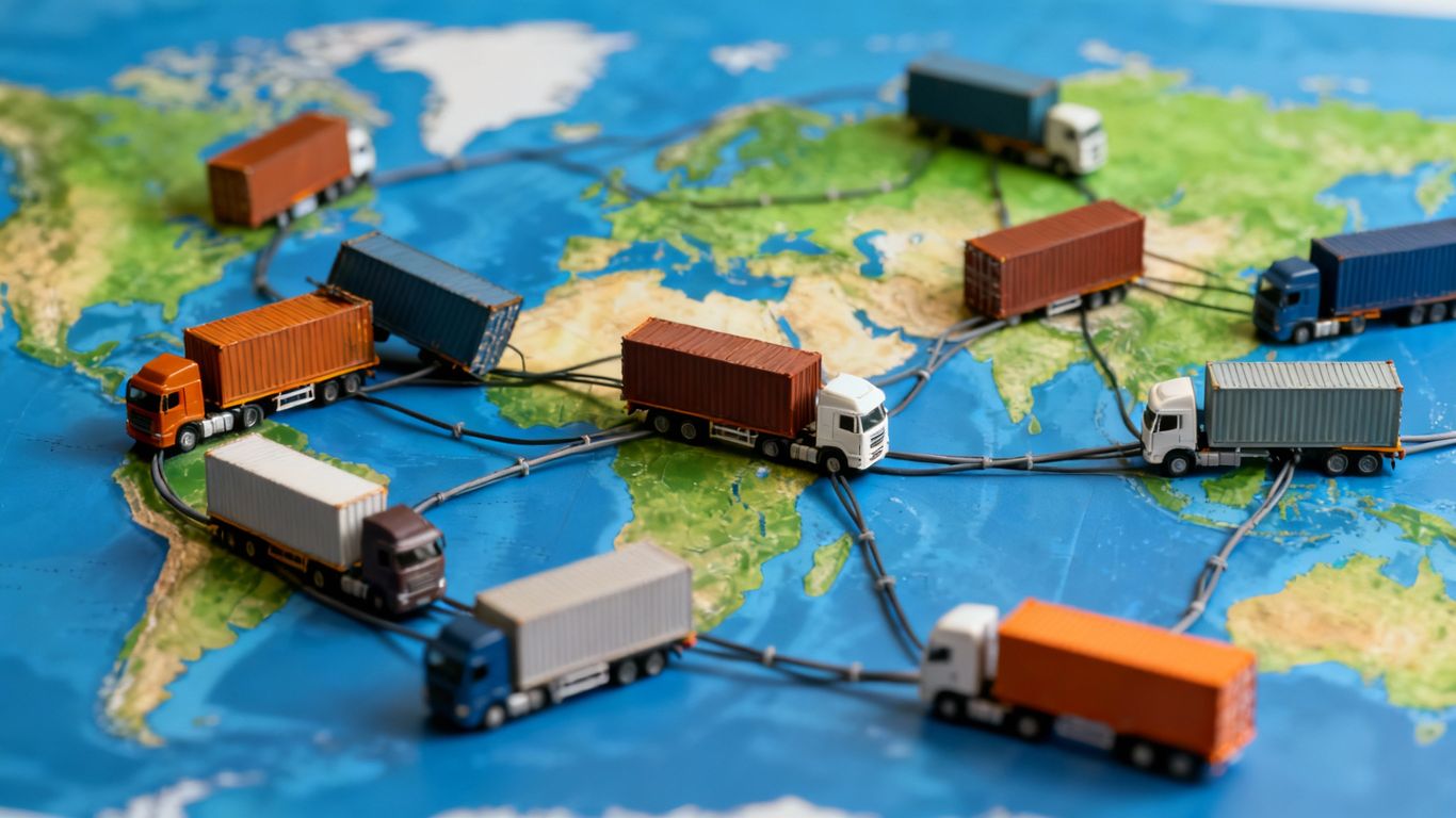 Disrupted global supply chain with overturned containers and stalled trucks.