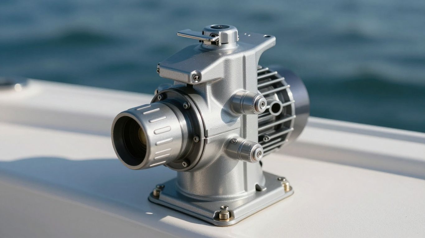 Moderne boot waterpomp in close-up, met water op de achtergrond.