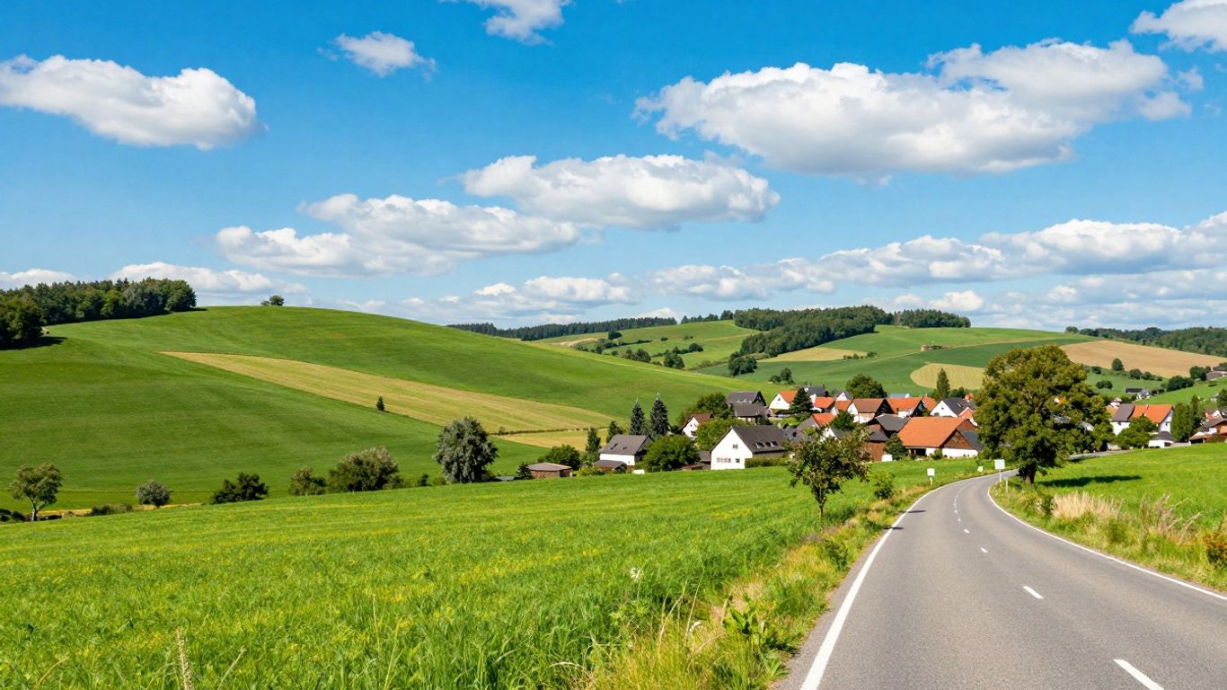 Sommerferien in Nordrhein-Westfalen: Grüne Hügel und Dorf