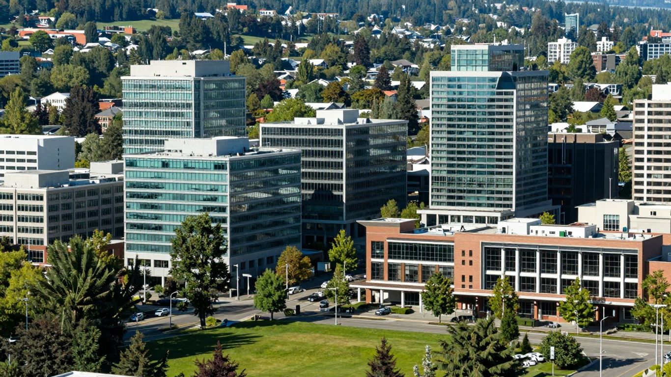 Kelowna cityscape with modern buildings and green spaces.