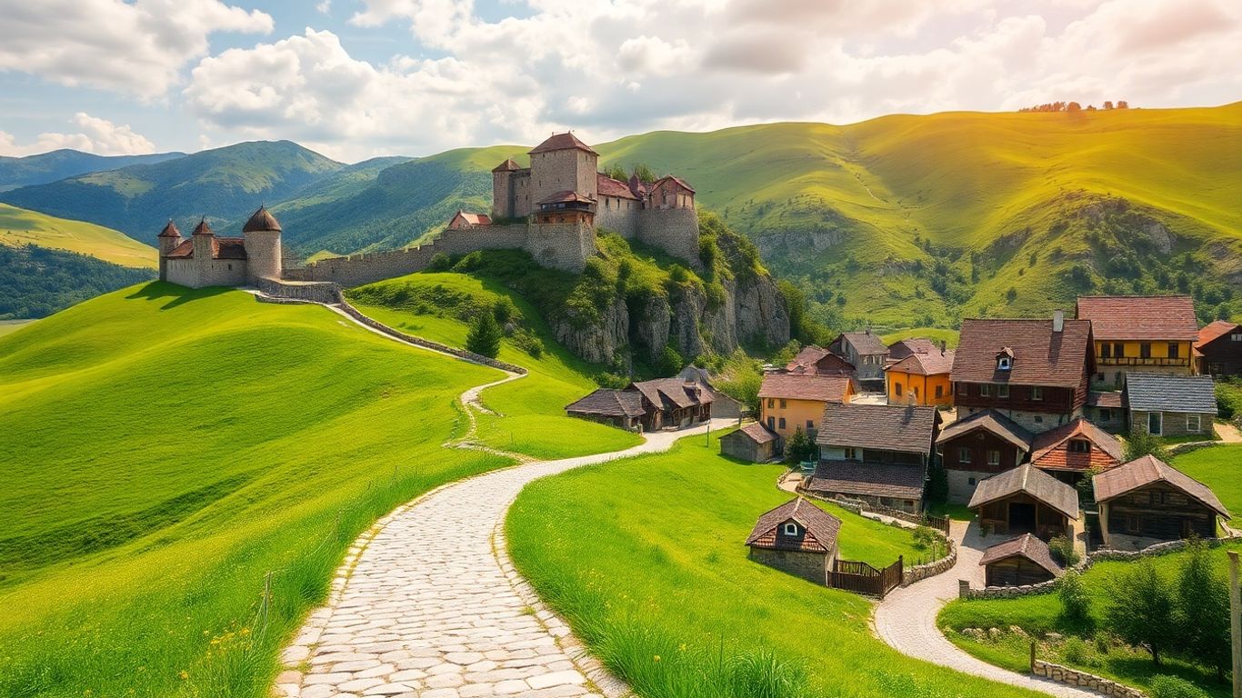 Scenic view of Romanian castles and rolling green hills.
