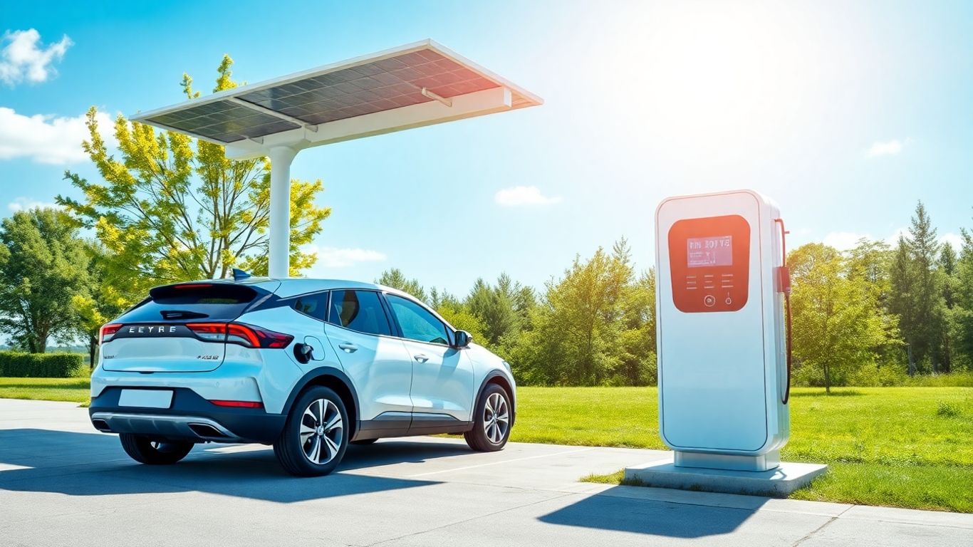 Estación de carga solar con coche eléctrico bajo paneles solares