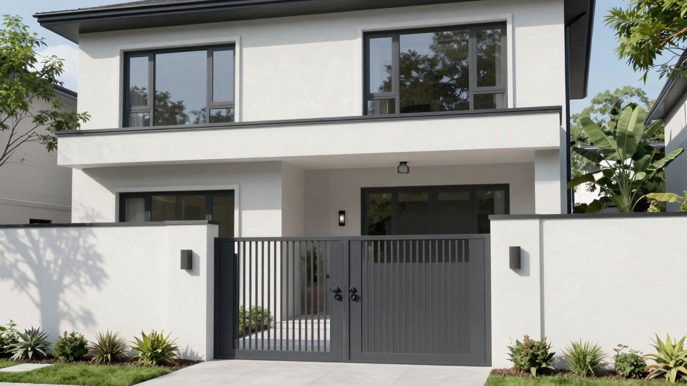 Casa moderna con jardín y luz solar.