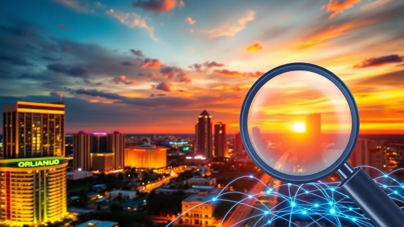 Orlando cityscape with magnifying glass and digital network.