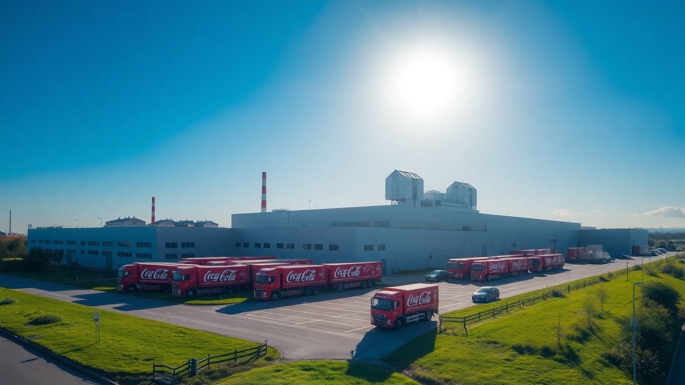 Usine Coca-Cola à Dunkerque avec camions rouges et ciel bleu.