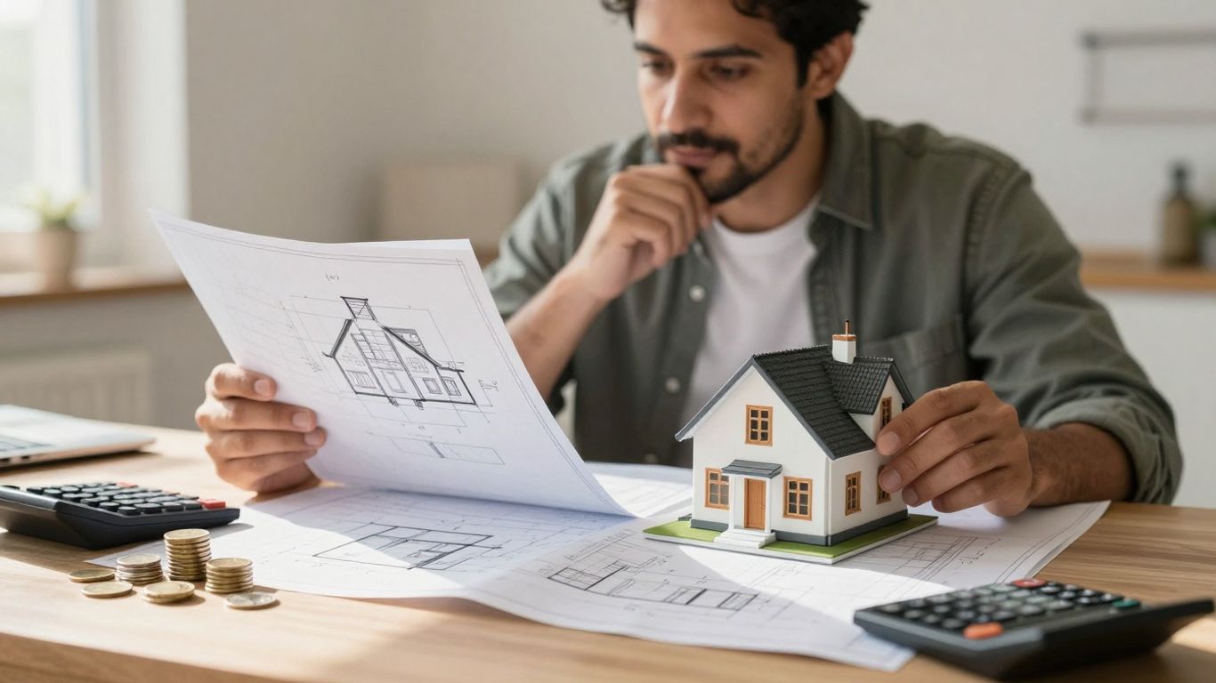 Persona calculando el valor de su casa con planos y dinero.