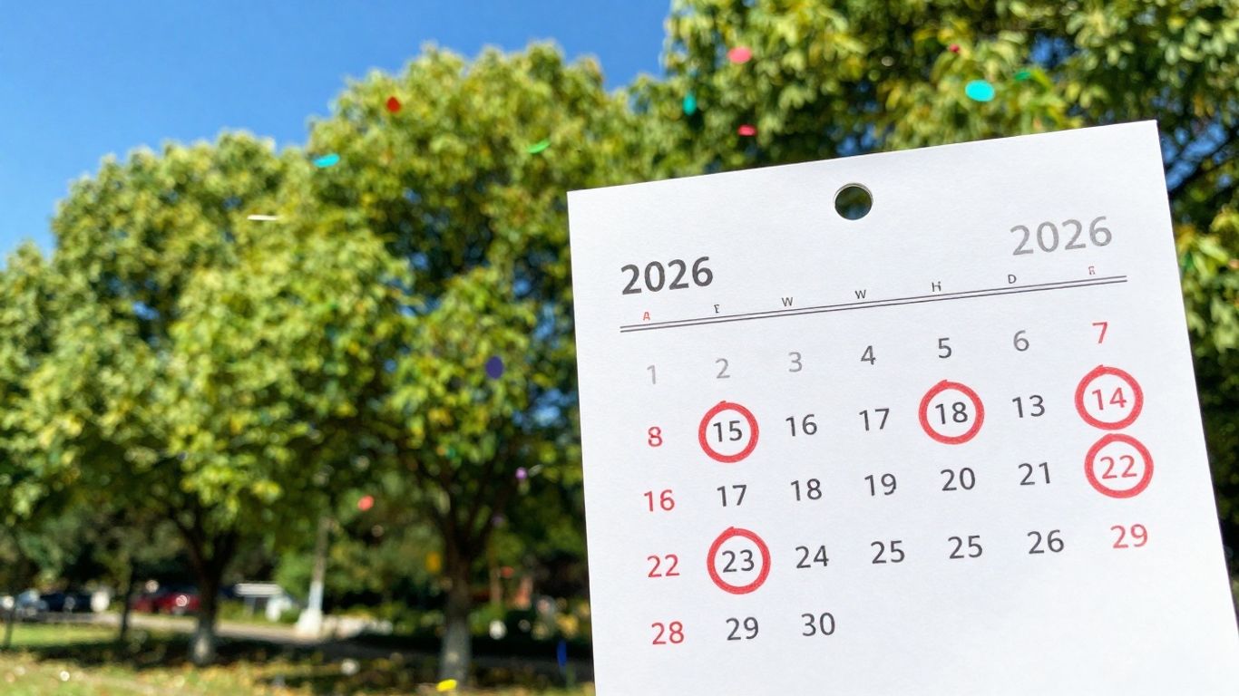 Kalenderblatt 2026 mit markierten Feiertagen und Brückentagen in NRW.