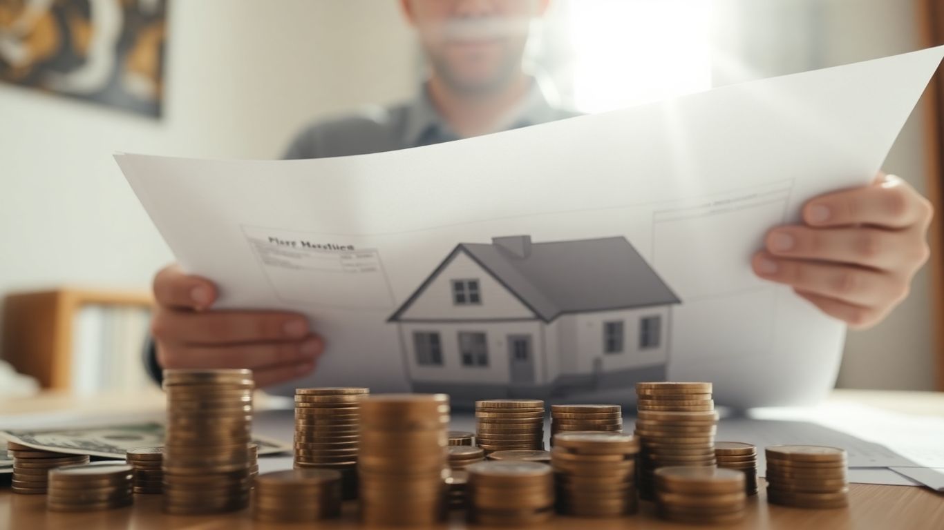 Casa con dinero y planos de presupuesto.