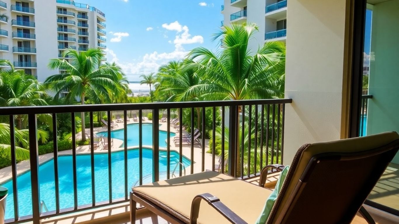 Aventura Florida apartment balcony with pool and palm trees.