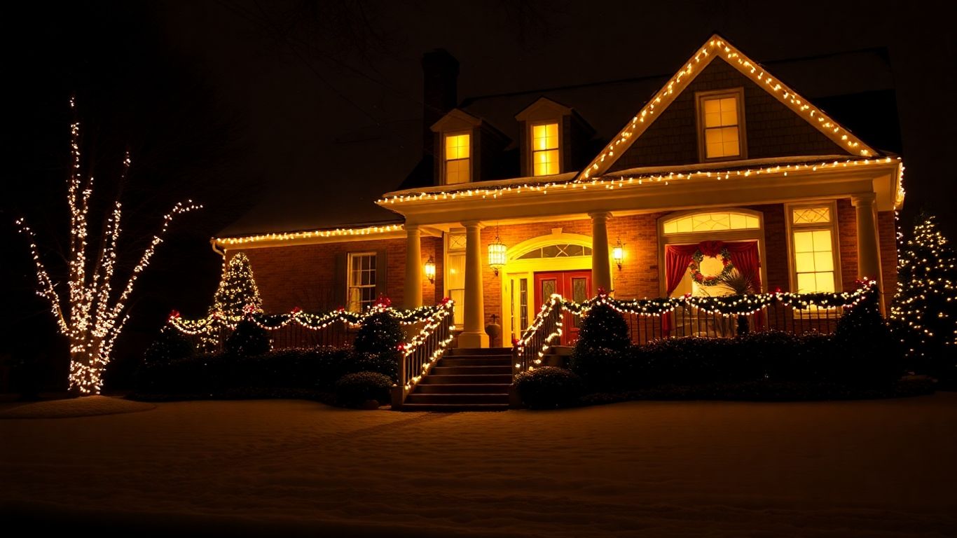 House with permanent Christmas lights at night.