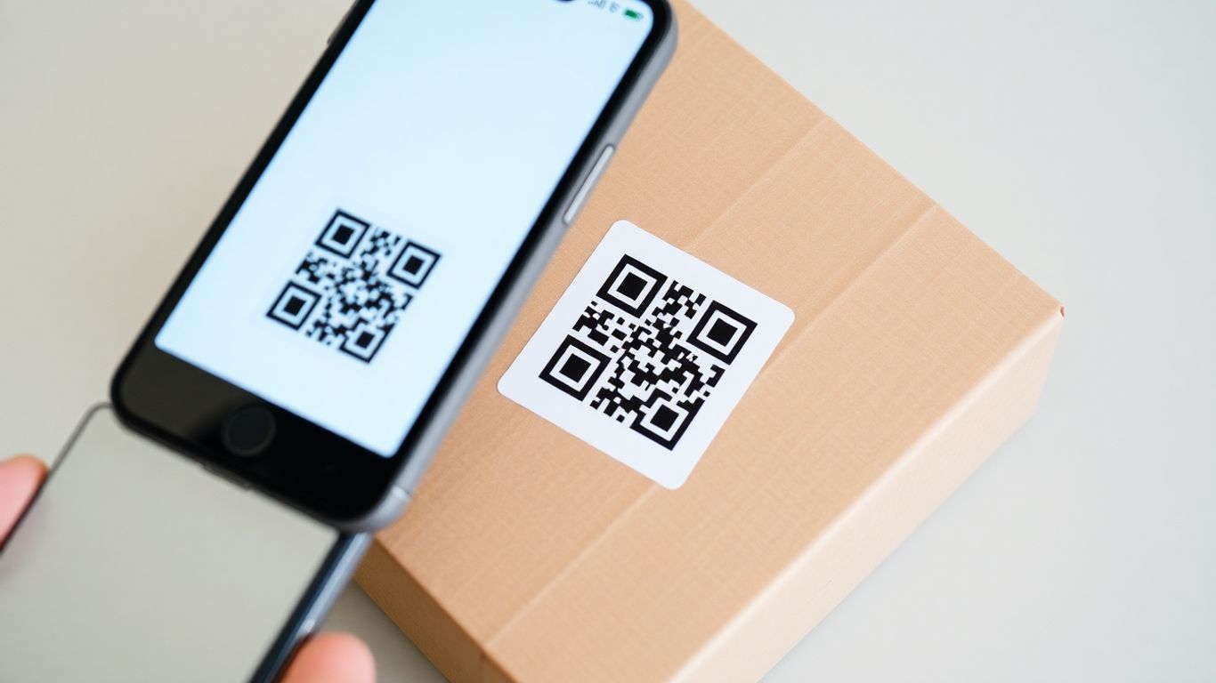 Smartphone scanning QR code on package
