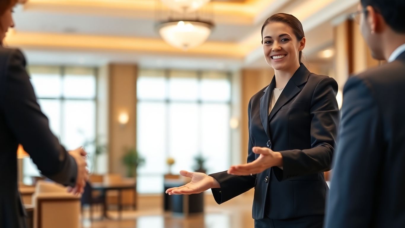 Hotel employee greeting guest with a smile.