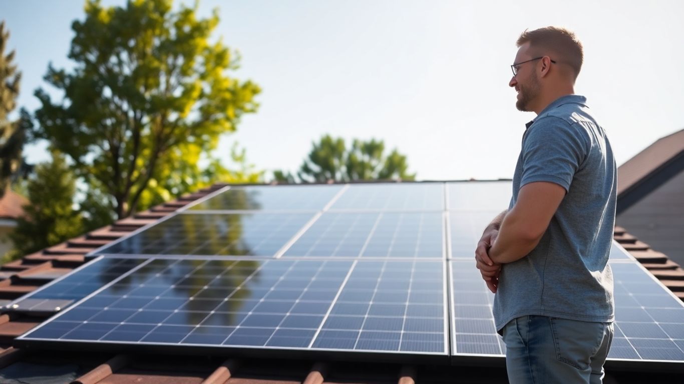 Rooftop solar panels with a homeowner considering them.