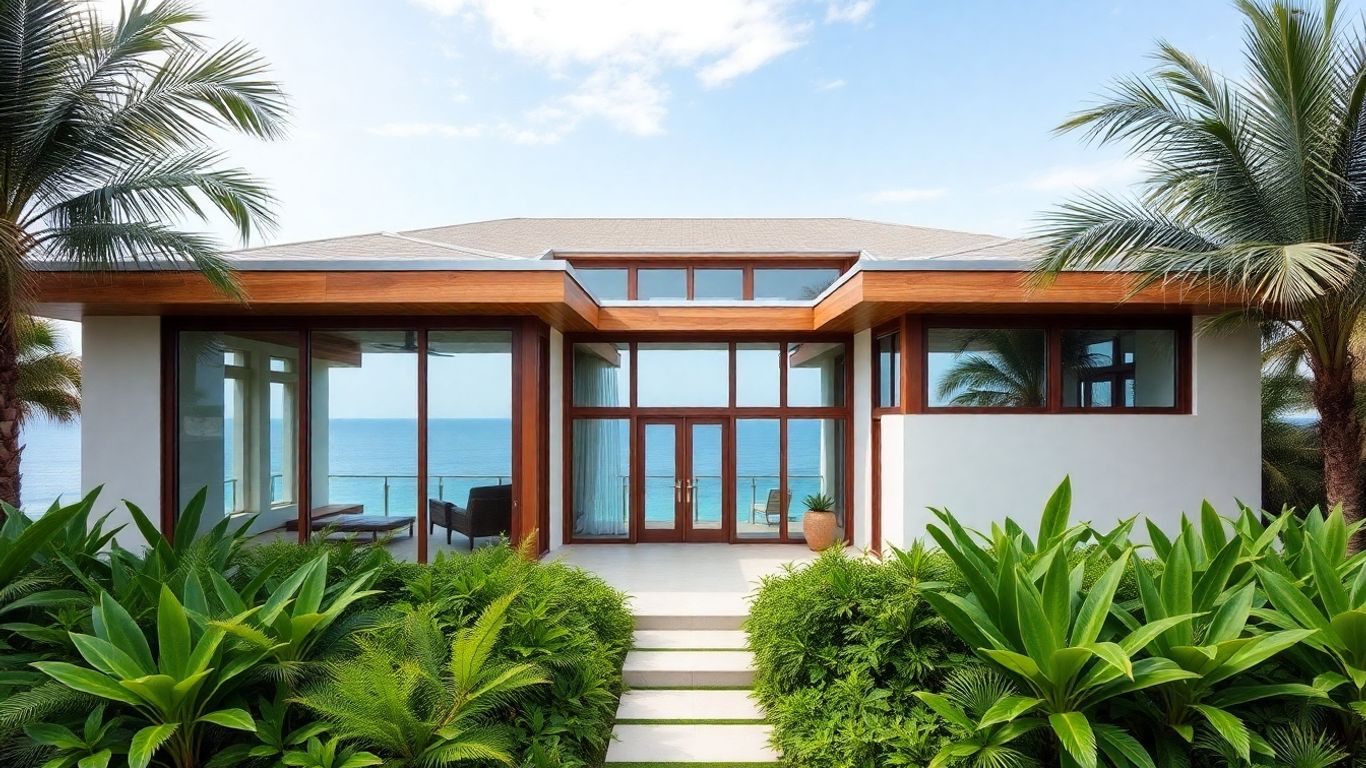 Fachada de casa de praia moderna com vista para o mar.