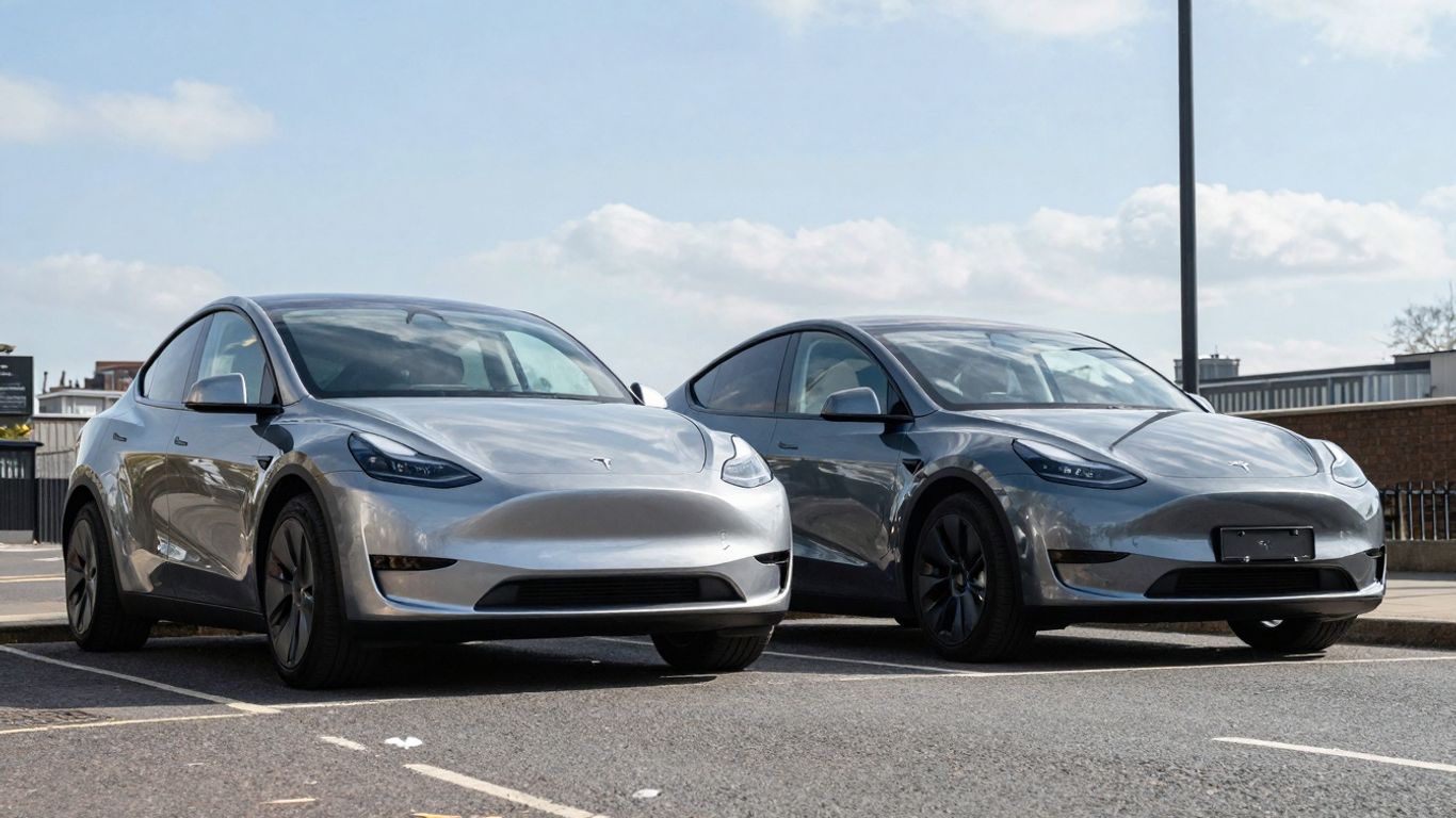 Tesla Model Y and Model 3 electric cars on a UK street.