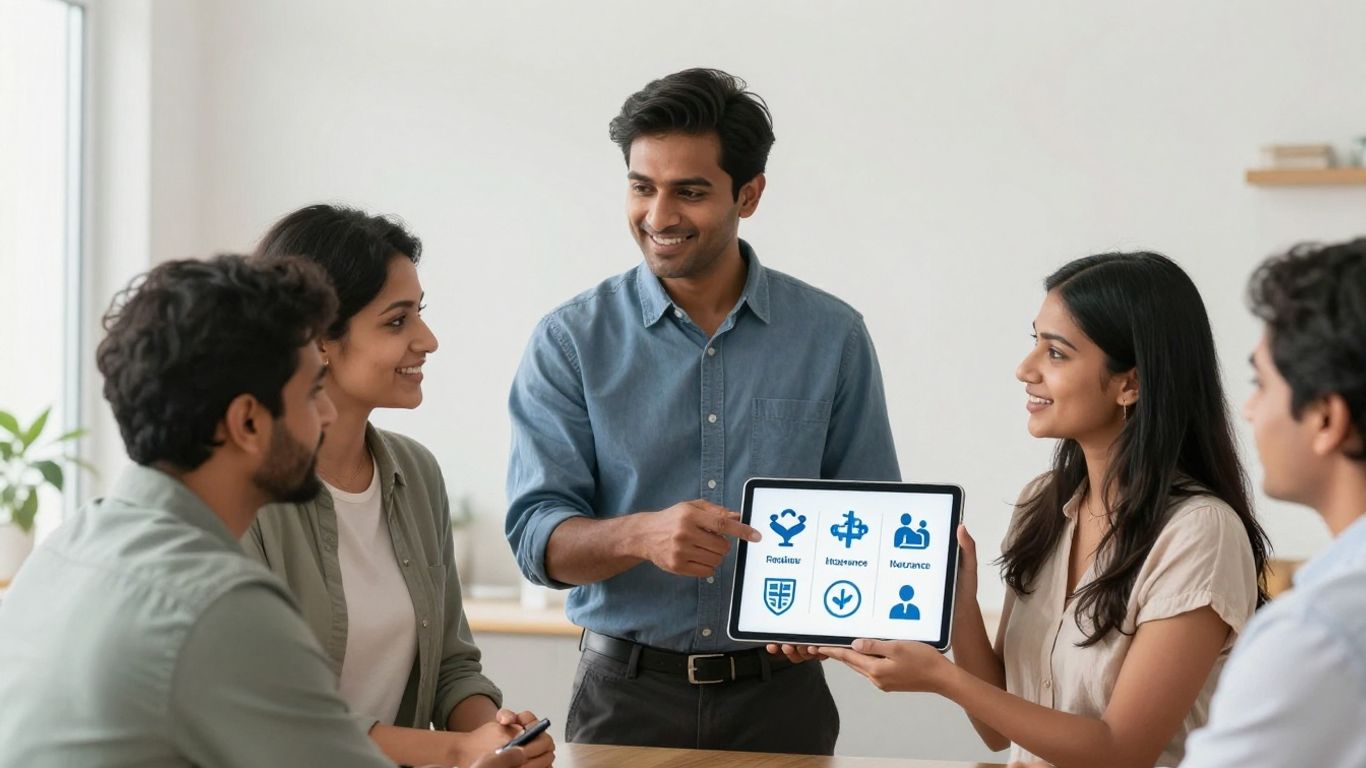 Broker helping couple choose health insurance plan.