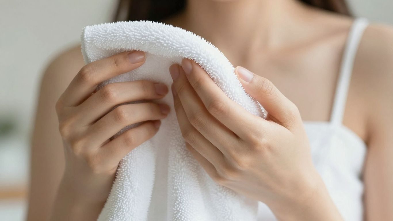 Person holding a fluffy white face towel with clear skin.