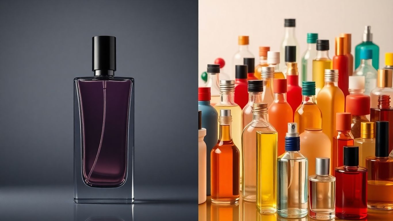 Perfume bottles, one sleek, others colourful and varied.