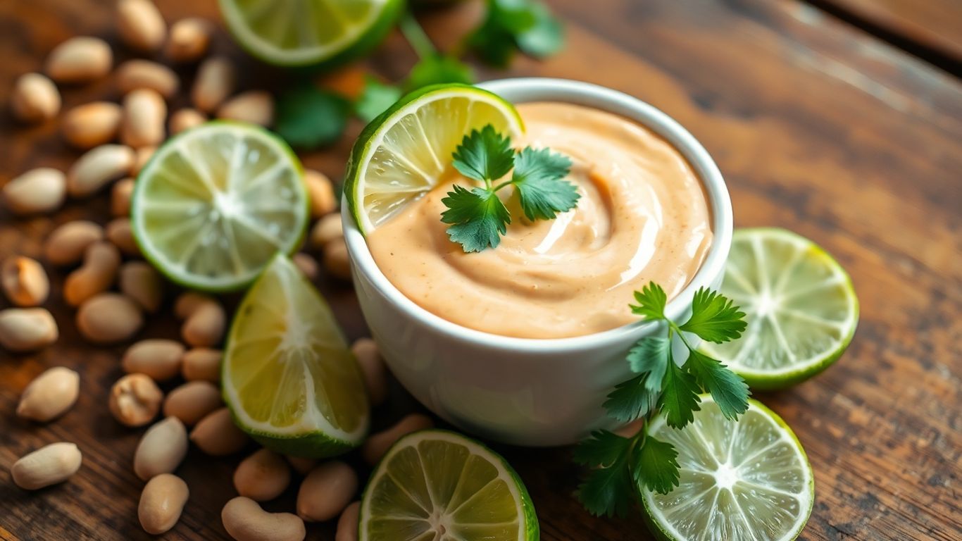 Peanut lime sauce with cilantro and lime wedge