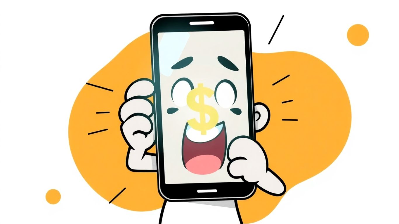 Cartoon character with a phone showing a dollar sign.