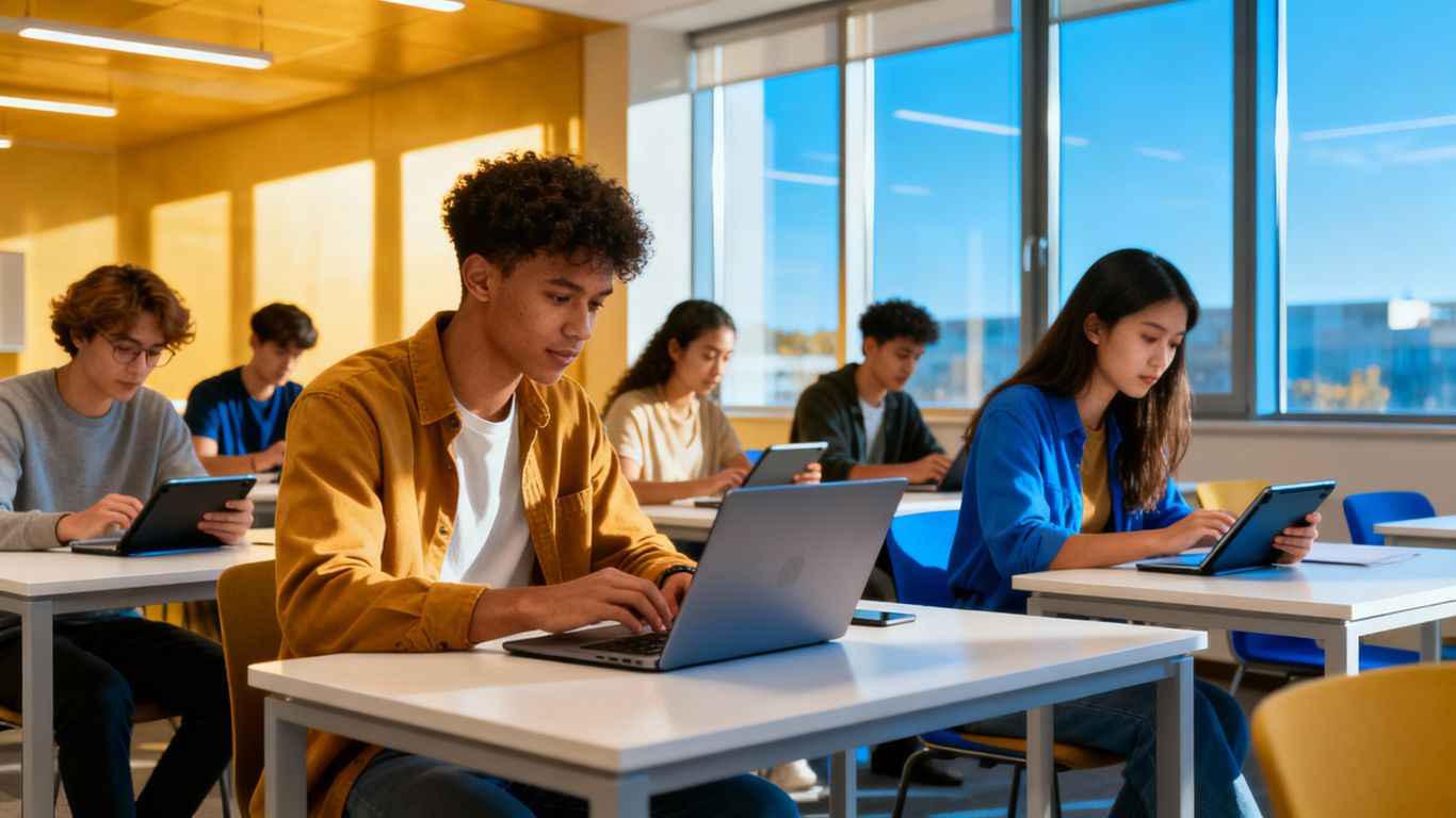 Students learning online with laptops and tablets.