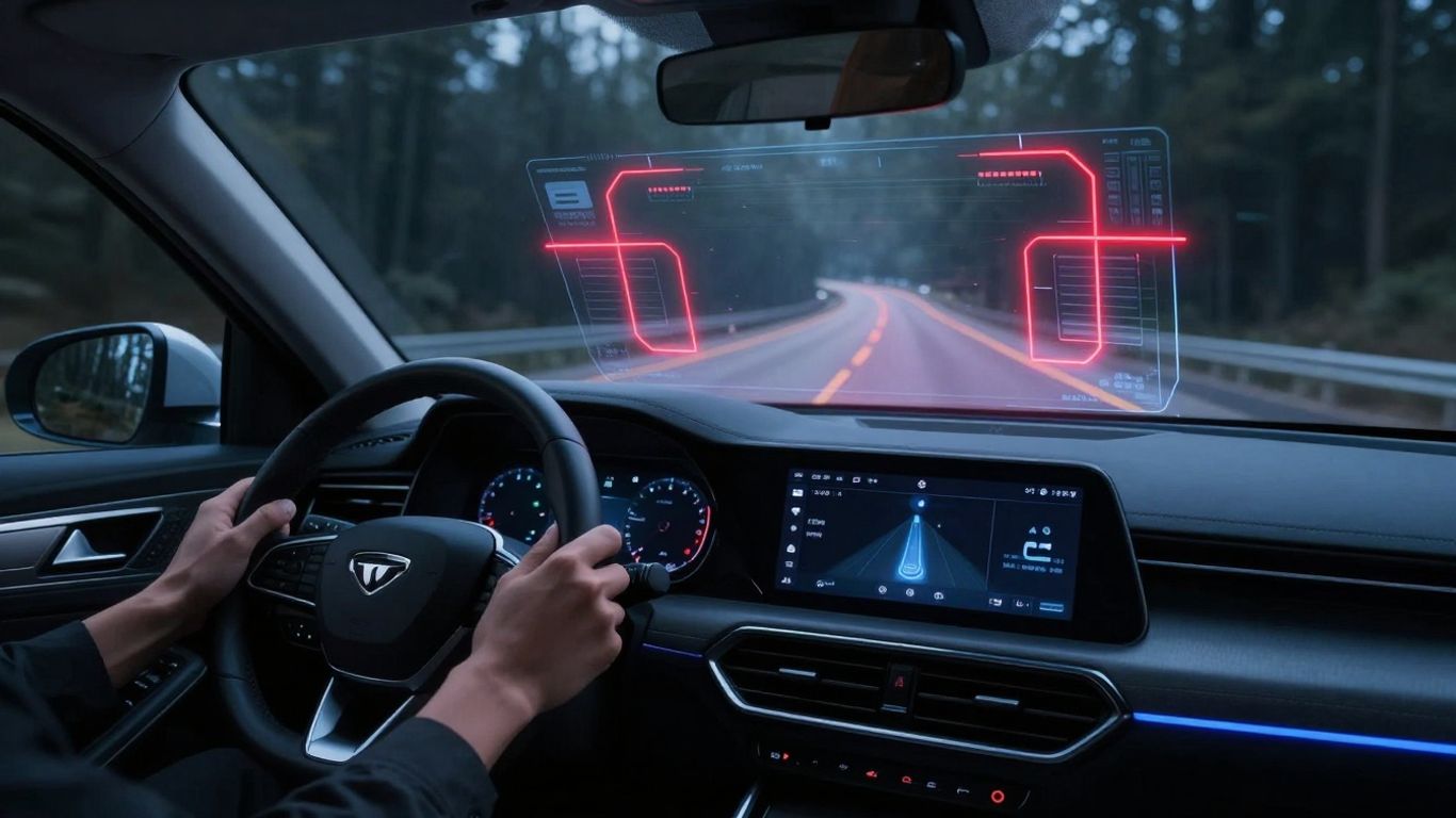 Futuristic car interior with AI hazard detection display.