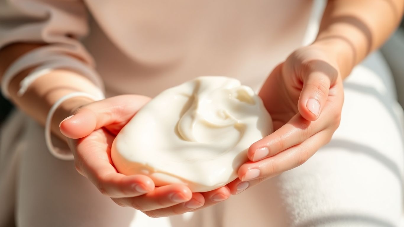 Hands applying soothing lotion in natural light.