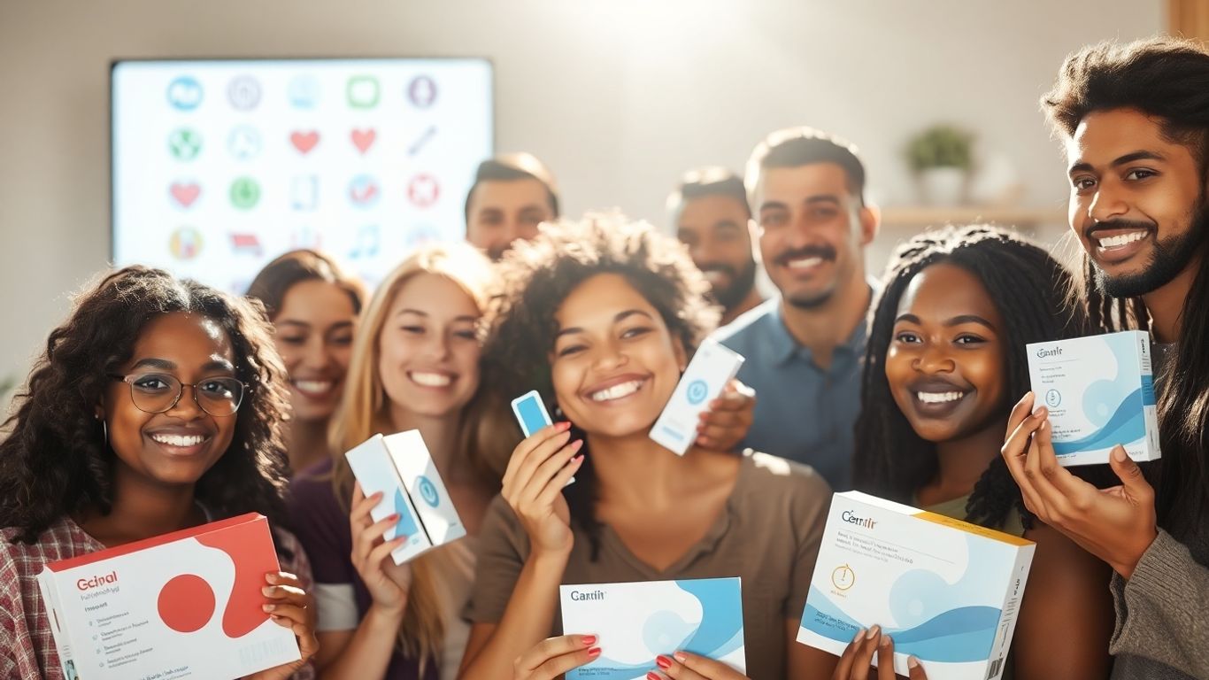 People holding medical testing kits, computer screen in background.