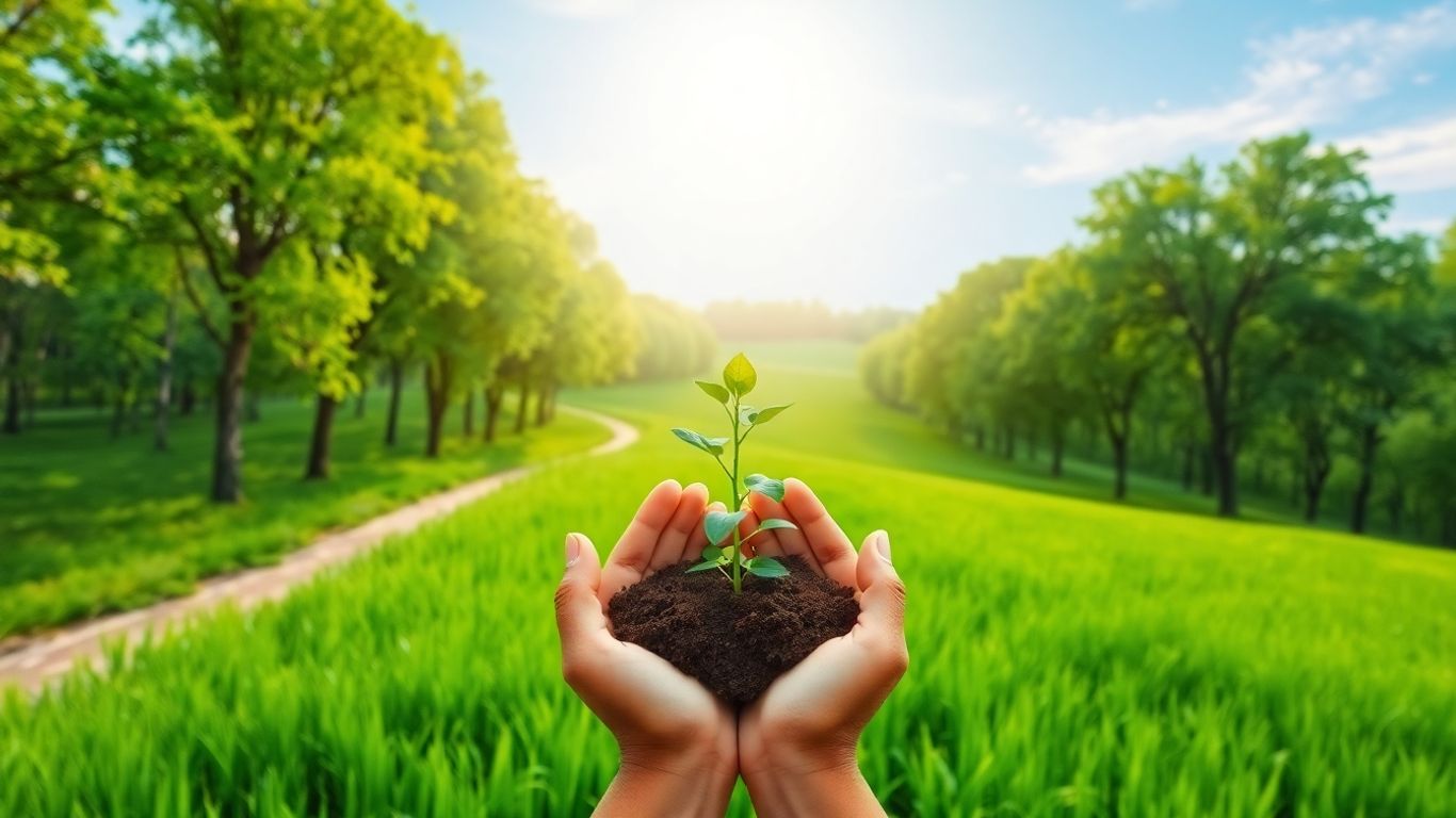 Peisaj verde cu mâini ce țin o plantă încolțită.