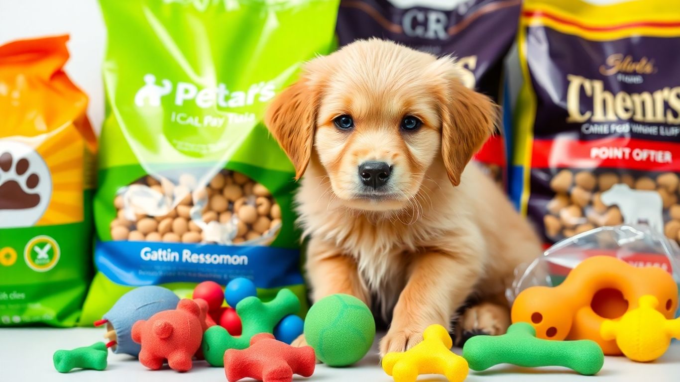 Puppy with pet food and toys