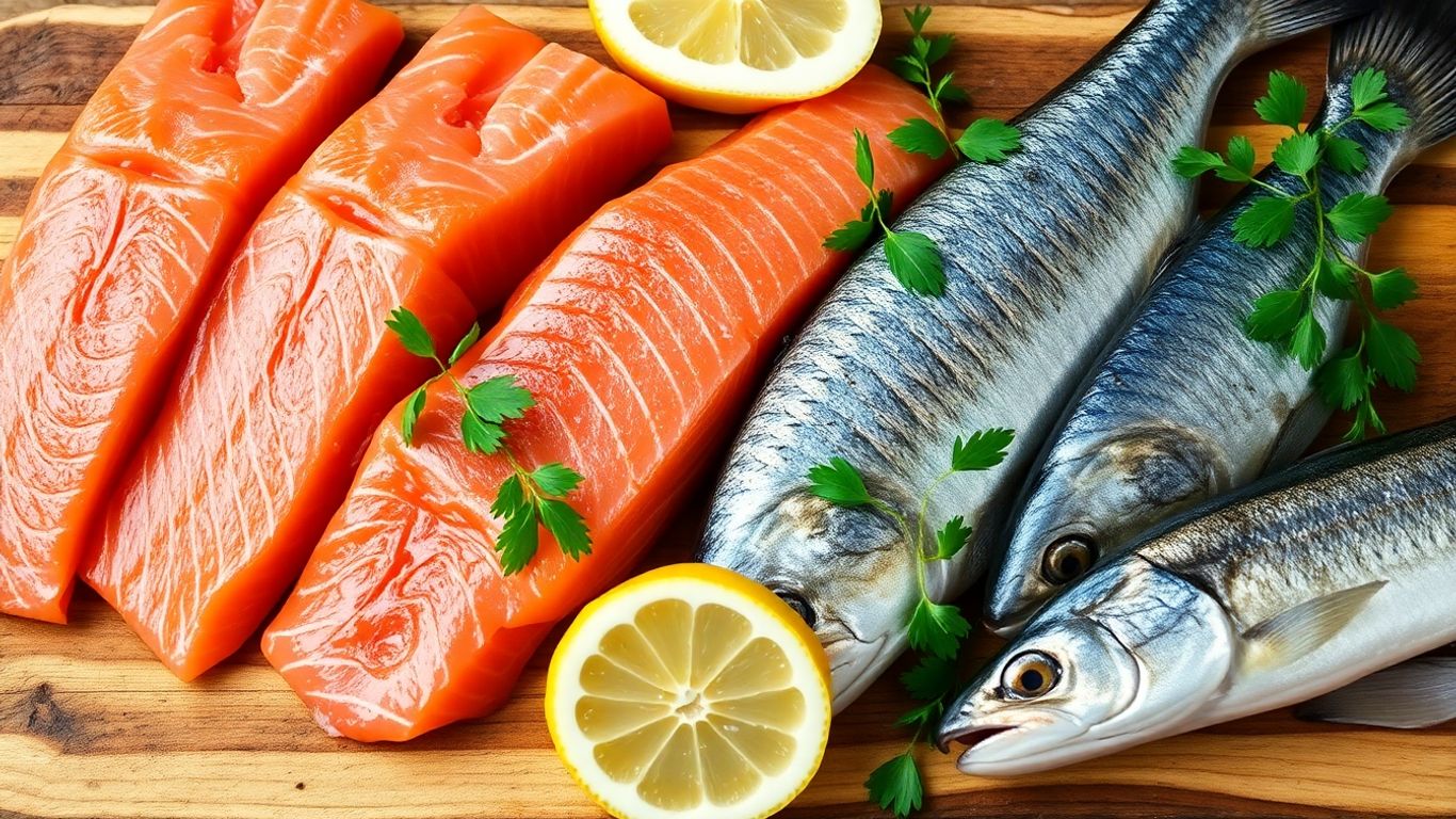 Assortment of fatty fish with herbs and lemon.