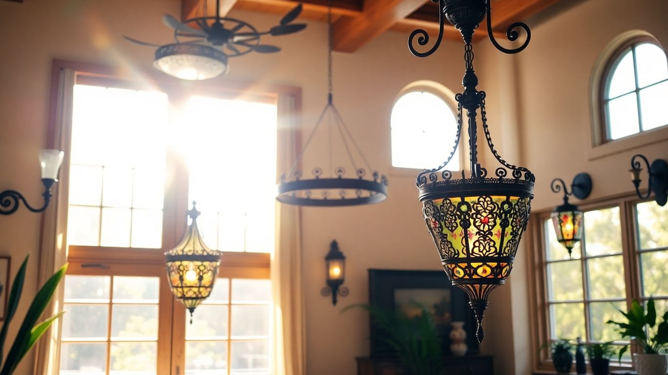 Ornate Mediterranean light fixtures illuminating a sunlit living room.
