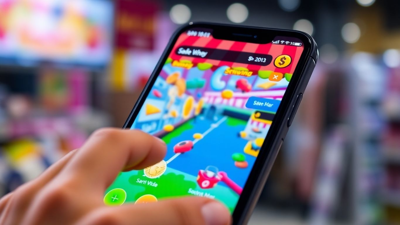 Smartphone screen with gamified shopping interface and virtual currency.