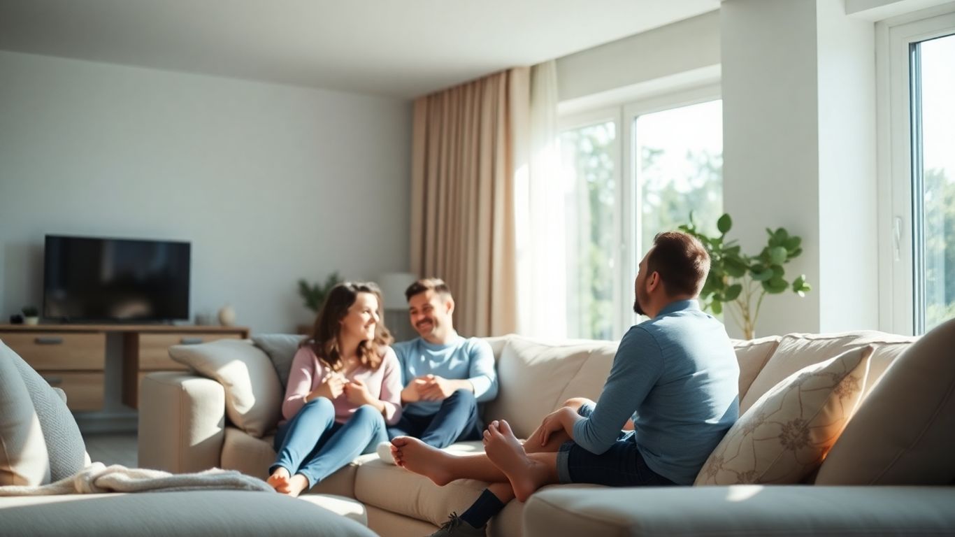 Familia relajada en sala de estar luminosa.