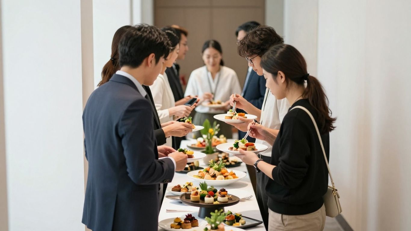 Elegant catering spread with happy guests at a sophisticated event.