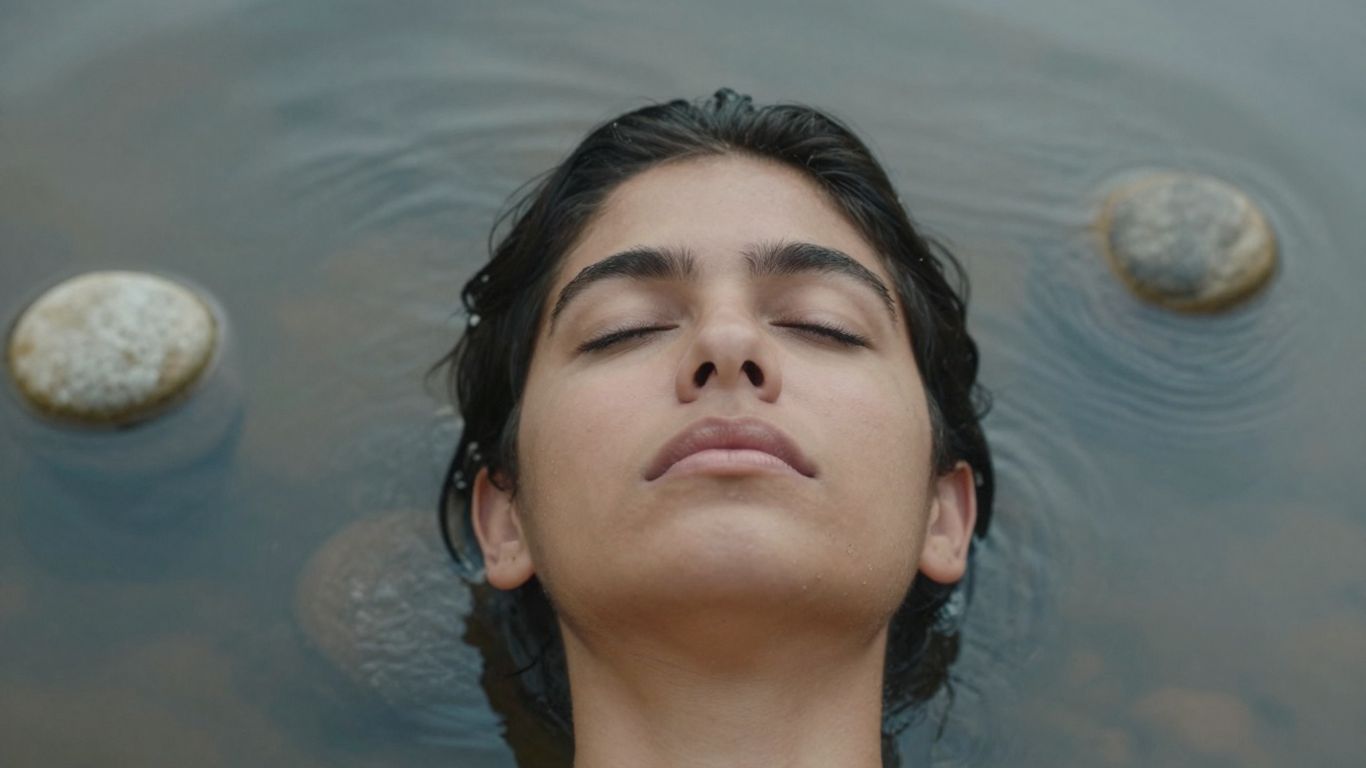 Femeie relaxată, respirând adânc, în natură.