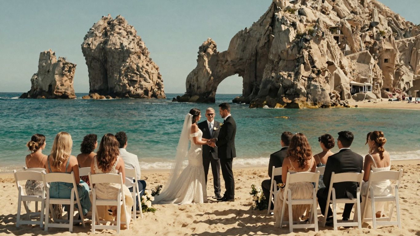 Beach wedding ceremony at Pueblo Bonito Los Cabos with ocean view.