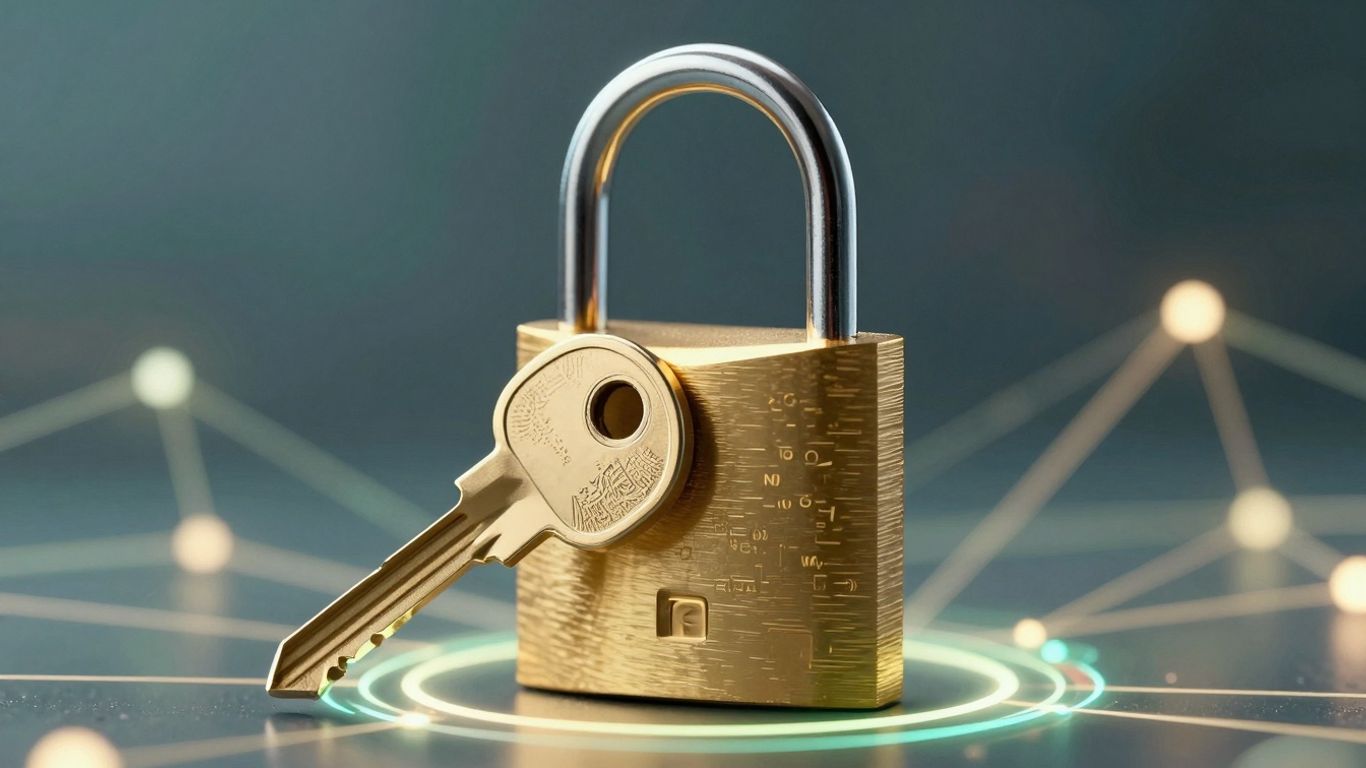Golden key unlocking a digital padlock with glowing network lines.