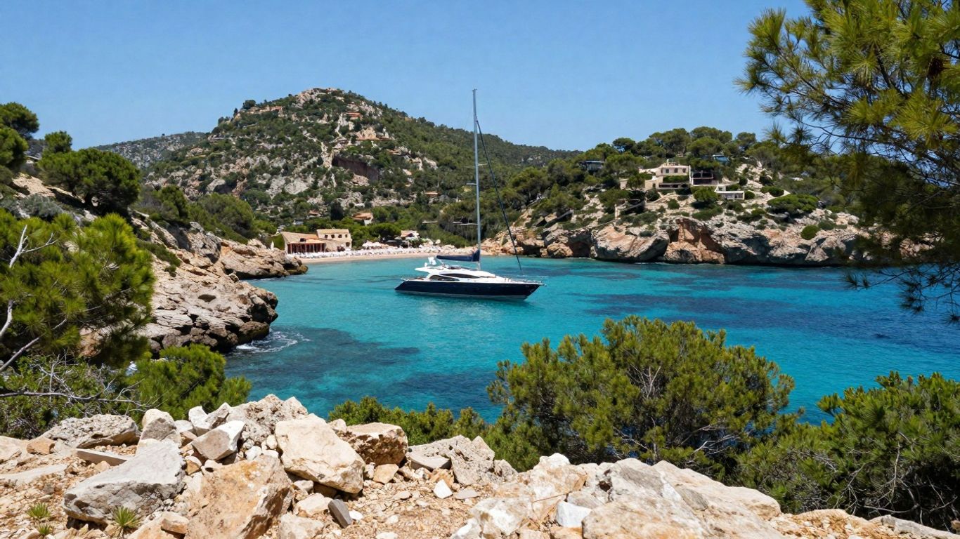 Luxury yacht sailing in Mallorca's clear turquoise waters.