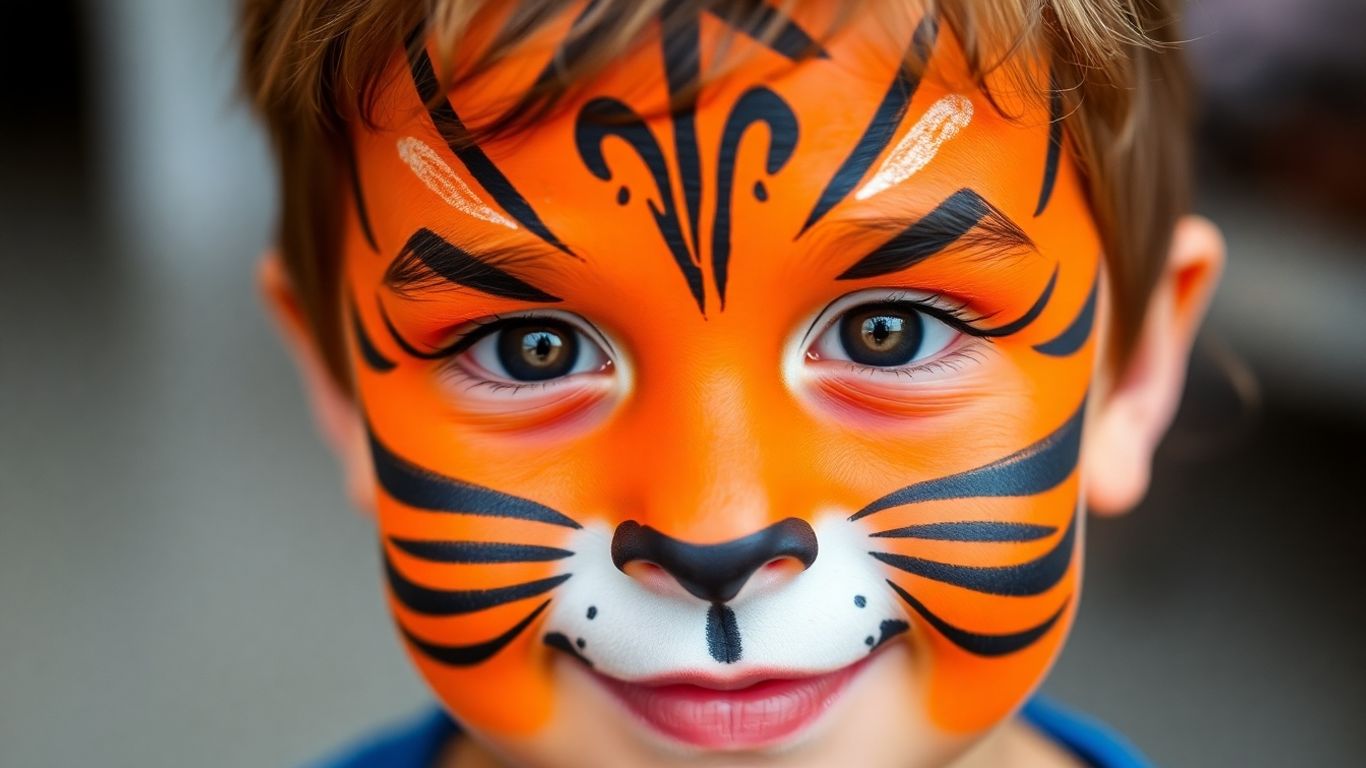 Child with tiger face paint and stripes.
