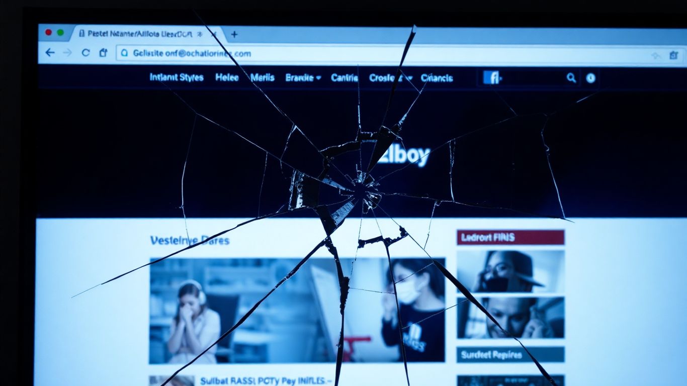 Cracked computer screen with distorted website.