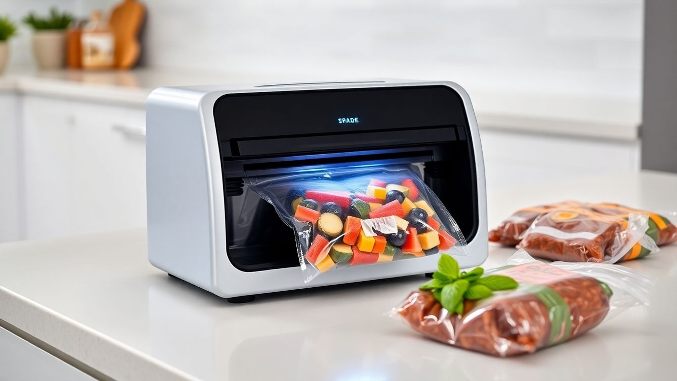 เครื่องซีลสูญญากาศกำลังทำงานกับถุงอาหาร