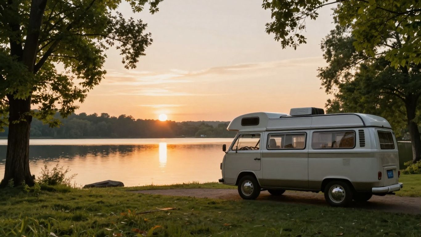 Romantischer Camper am See bei Sonnenuntergang