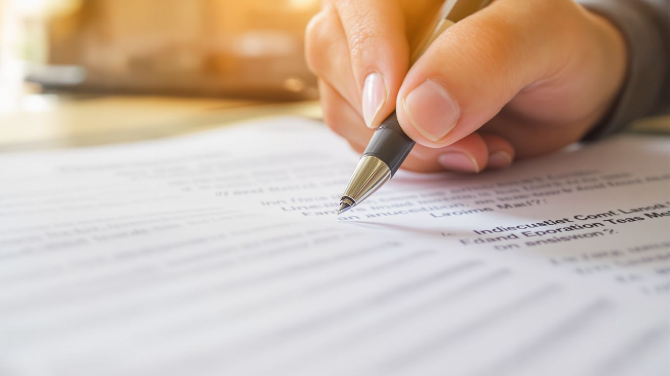 Hand with pen over document, bathed in sunlight.