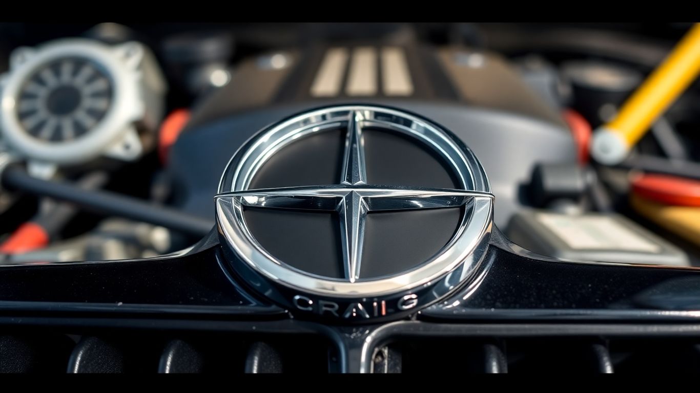 Chrysler car emblem with tools and engine background.