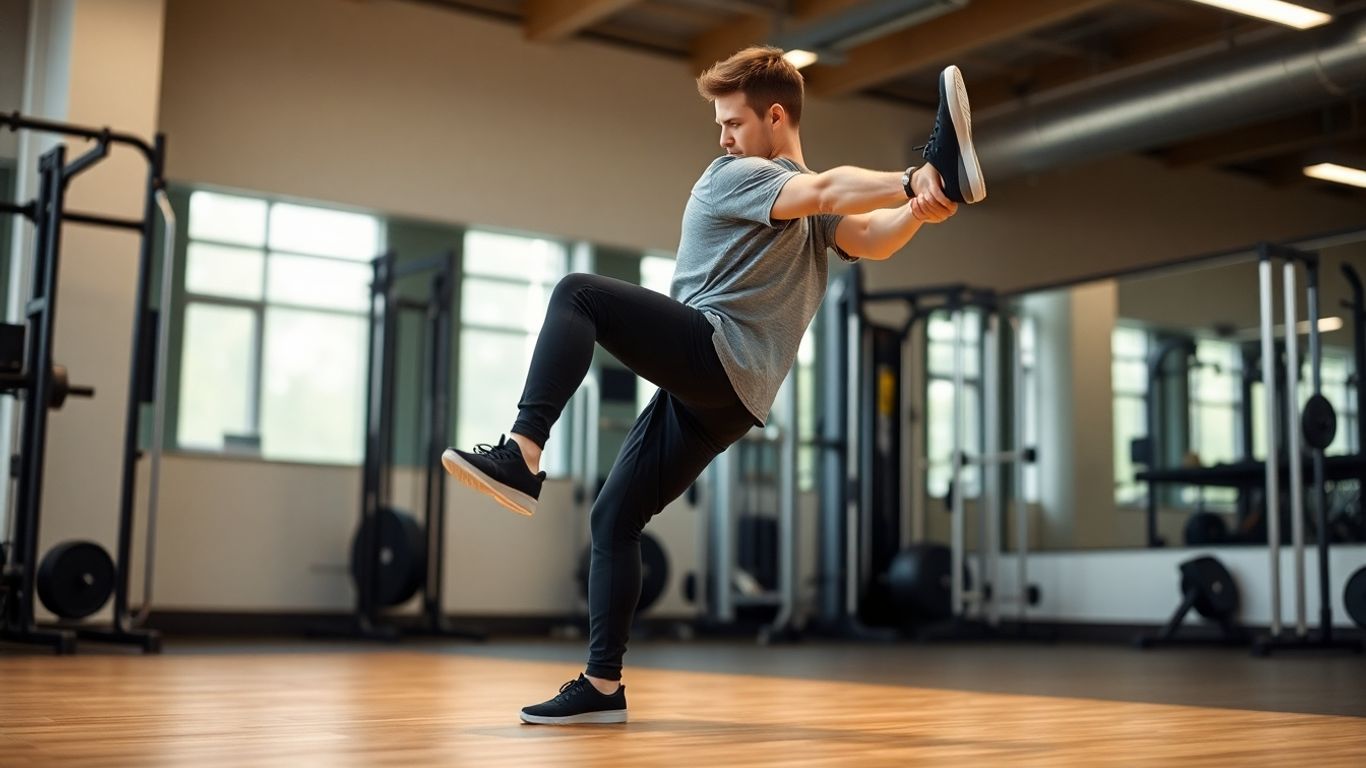 Beginner doing a leg swing exercise in a gym.