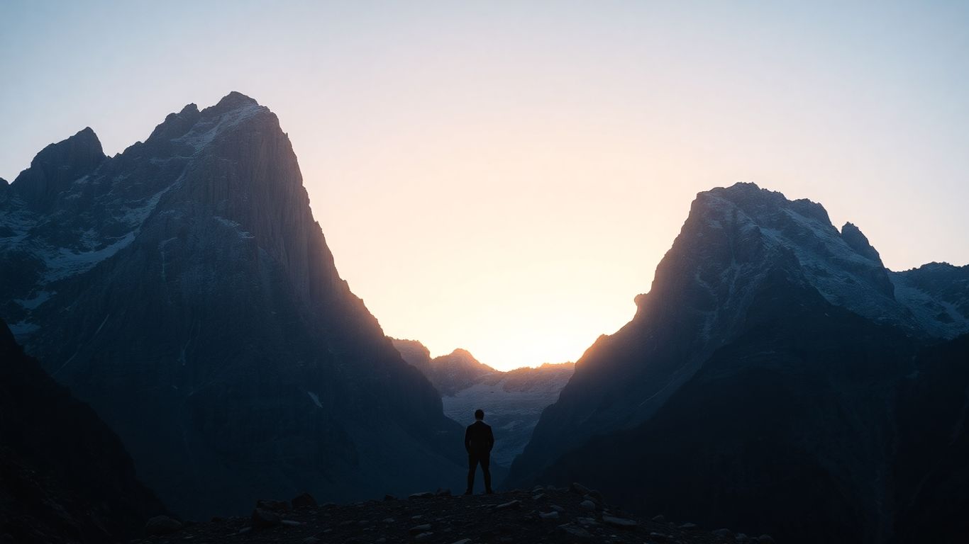 Person looking at a challenging mountain path at sunrise.